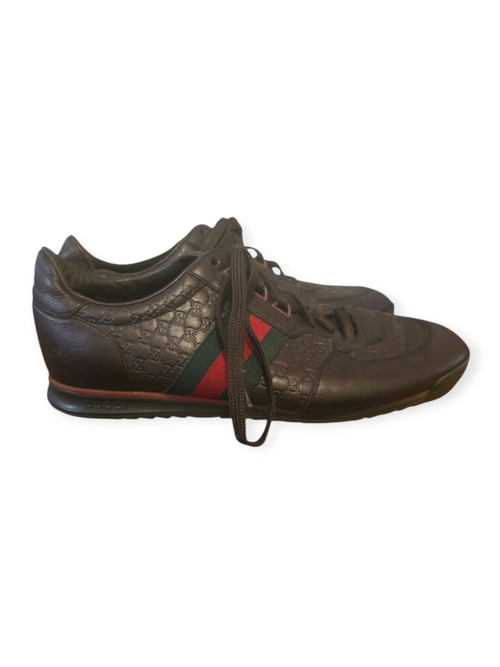 Mens Gucci SL-73 Lace-up brown leather sneakers with GG design, size 8.5